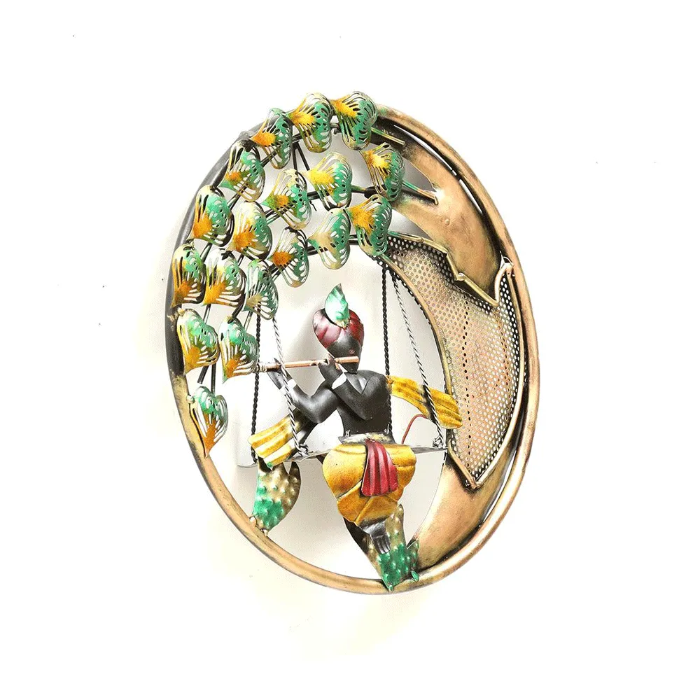 Swinging Krishna Round Metal Wall Art With LED