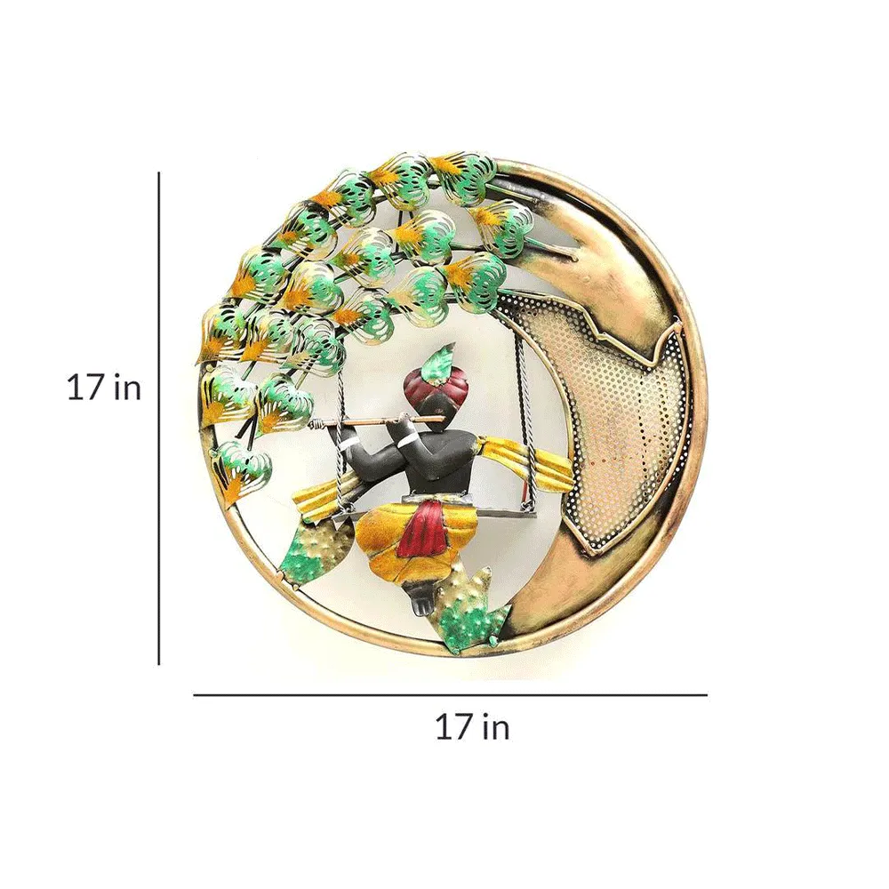 Swinging Krishna Round Metal Wall Art With LED