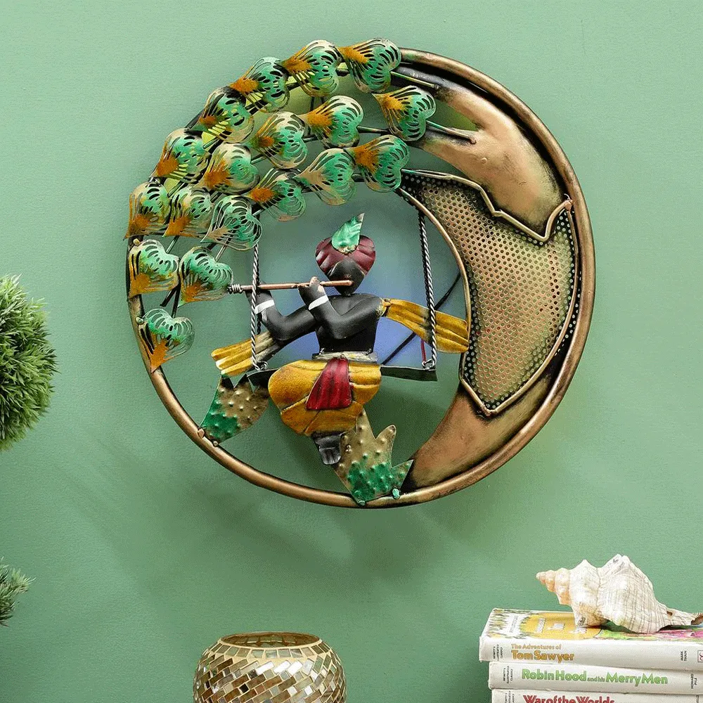 Swinging Krishna Round Metal Wall Art With LED
