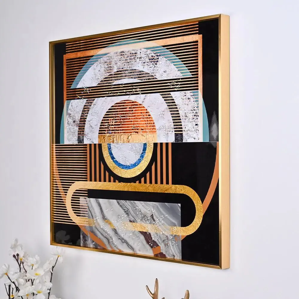 Symmetrical Abstract Crystal Glass Art Wall Painting- Golden Frame