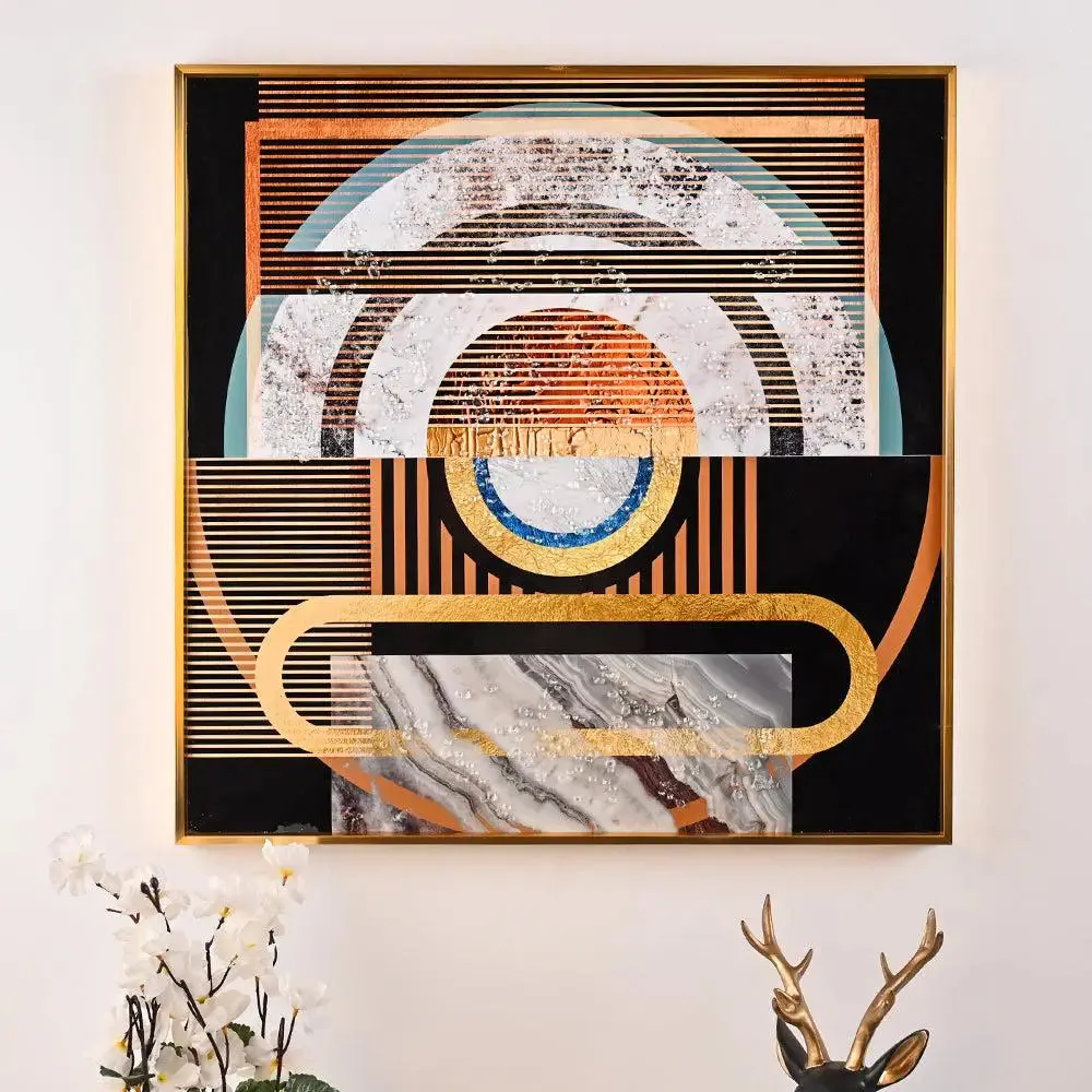 Symmetrical Abstract Crystal Glass Art Wall Painting- Golden Frame