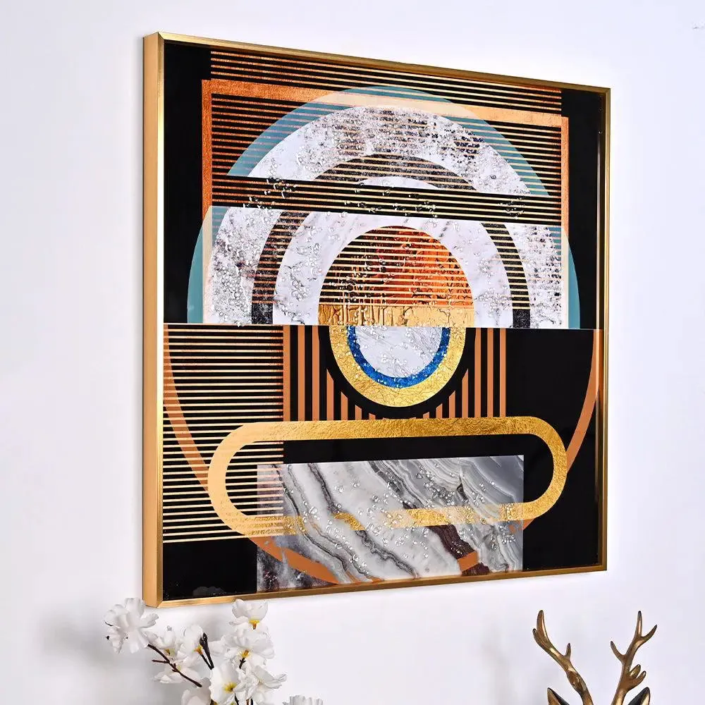 Symmetrical Abstract Crystal Glass Art Wall Painting- Golden Frame