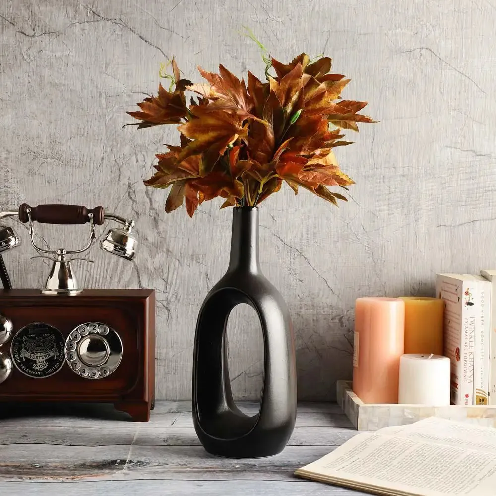 Tall Nordic Motif Black Decorative Ceramic Flower Vase Single Piece