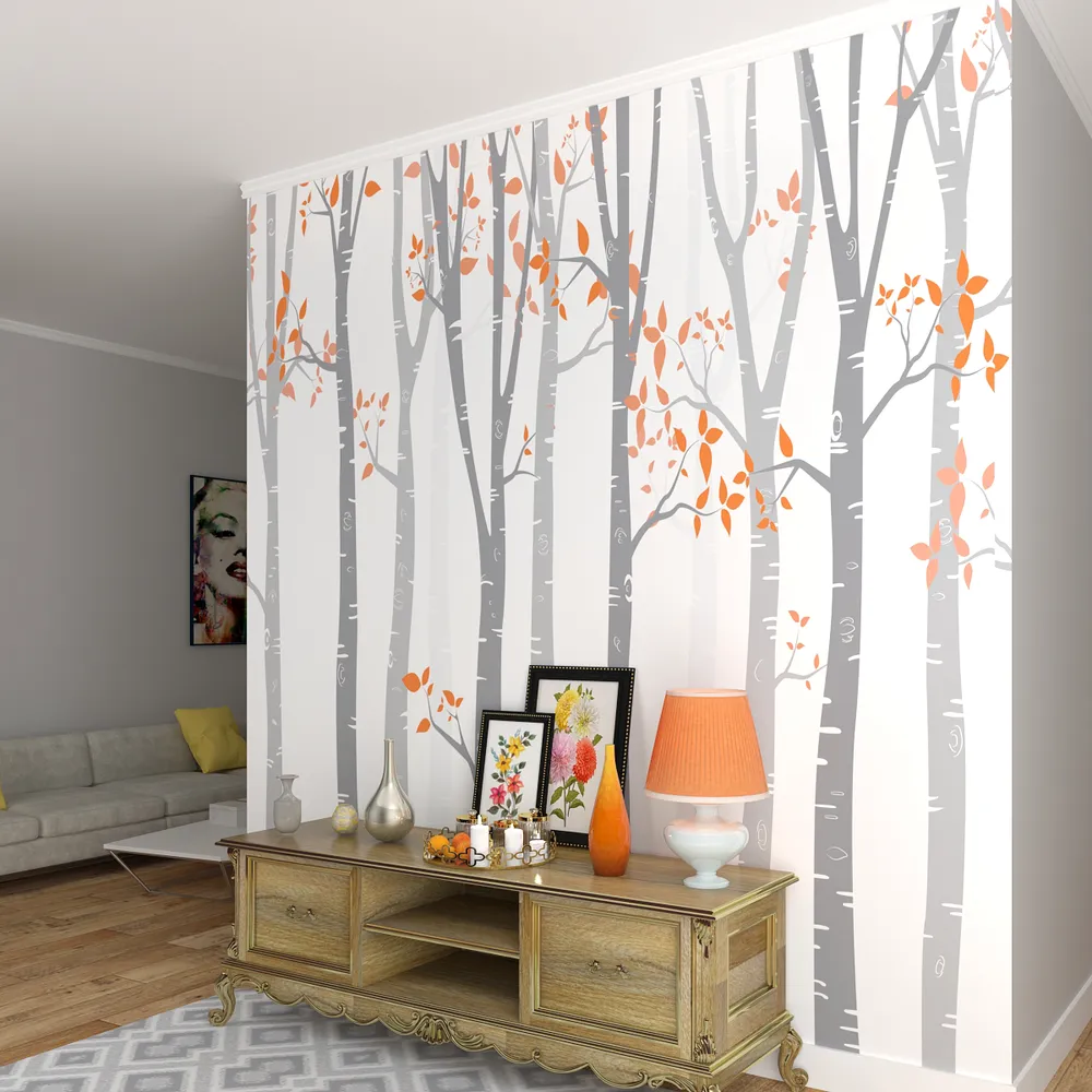 Tall Trunks Of The Wilderness White &amp; Orange Premium Quality Self Adhesive Wallpaper