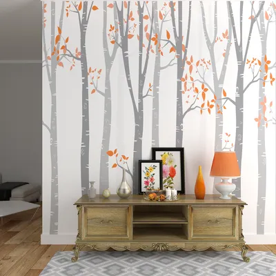 Tall Trunks Of The Wilderness White &amp; Orange Premium Quality Self Adhesive Wallpaper