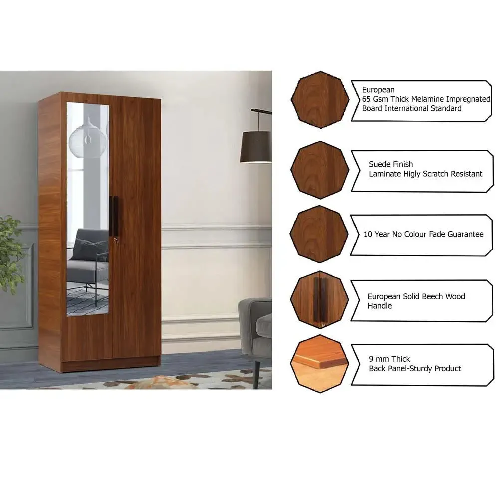 Teak Engineered 2 Door Wardrobe With Mirror