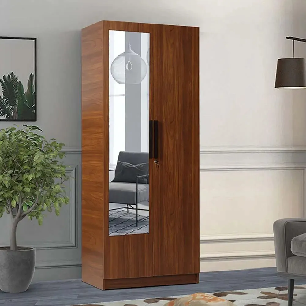 Teak Engineered 2 Door Wardrobe With Mirror