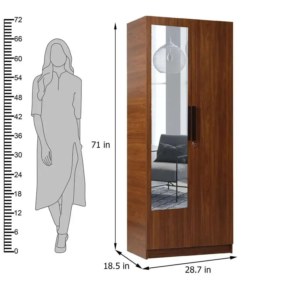 Teak Engineered 2 Door Wardrobe With Mirror