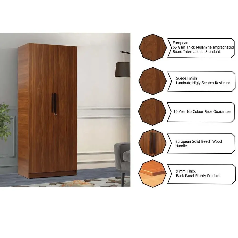 Teak Engineered Wood 2 Door Wardrobe With Drawer