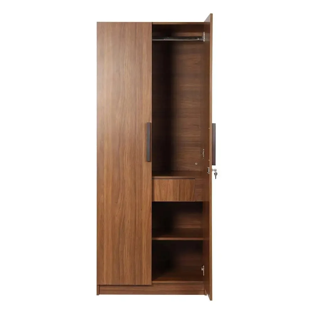 Teak Engineered Wood 2 Door Wardrobe With Drawer
