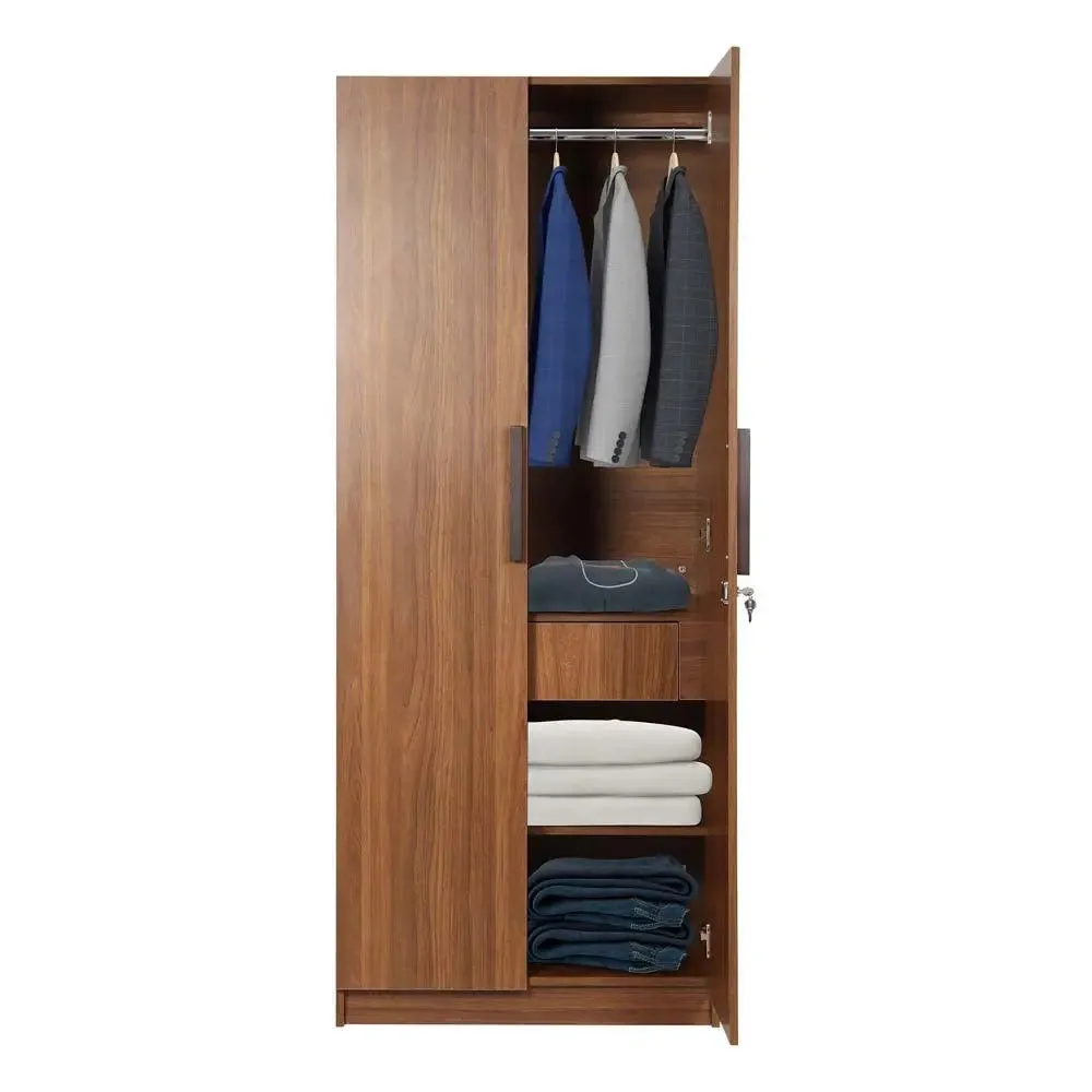 Teak Engineered Wood 2 Door Wardrobe With Drawer