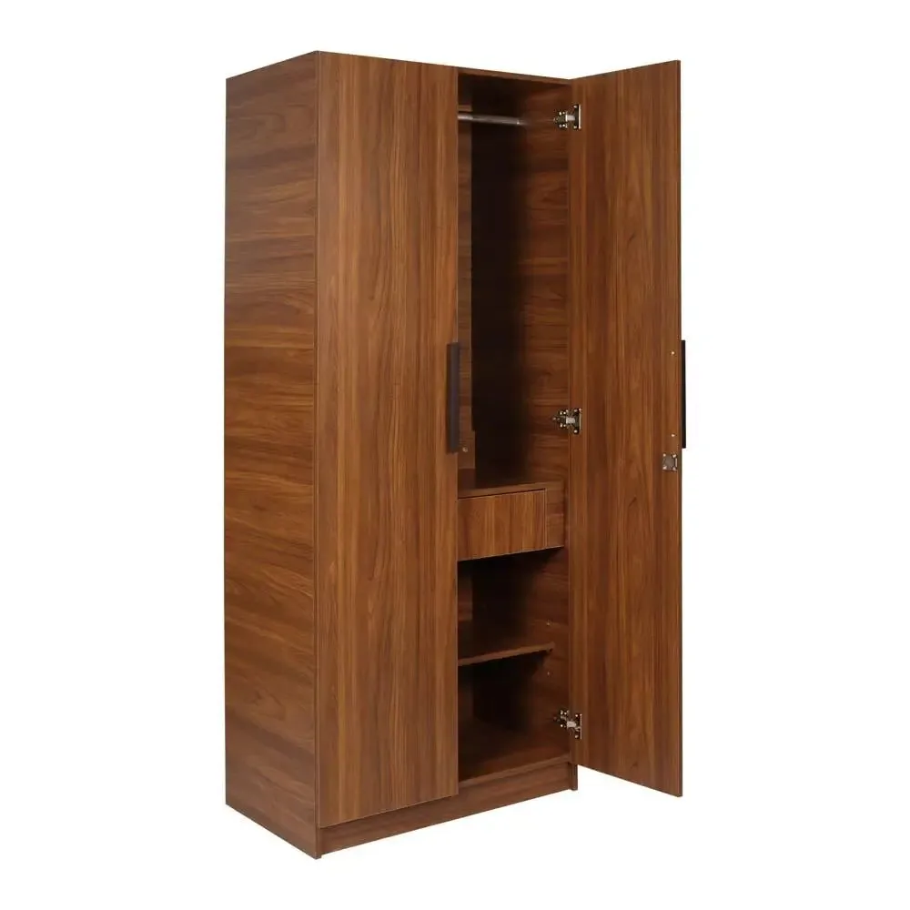 Teak Engineered Wood 2 Door Wardrobe With Drawer