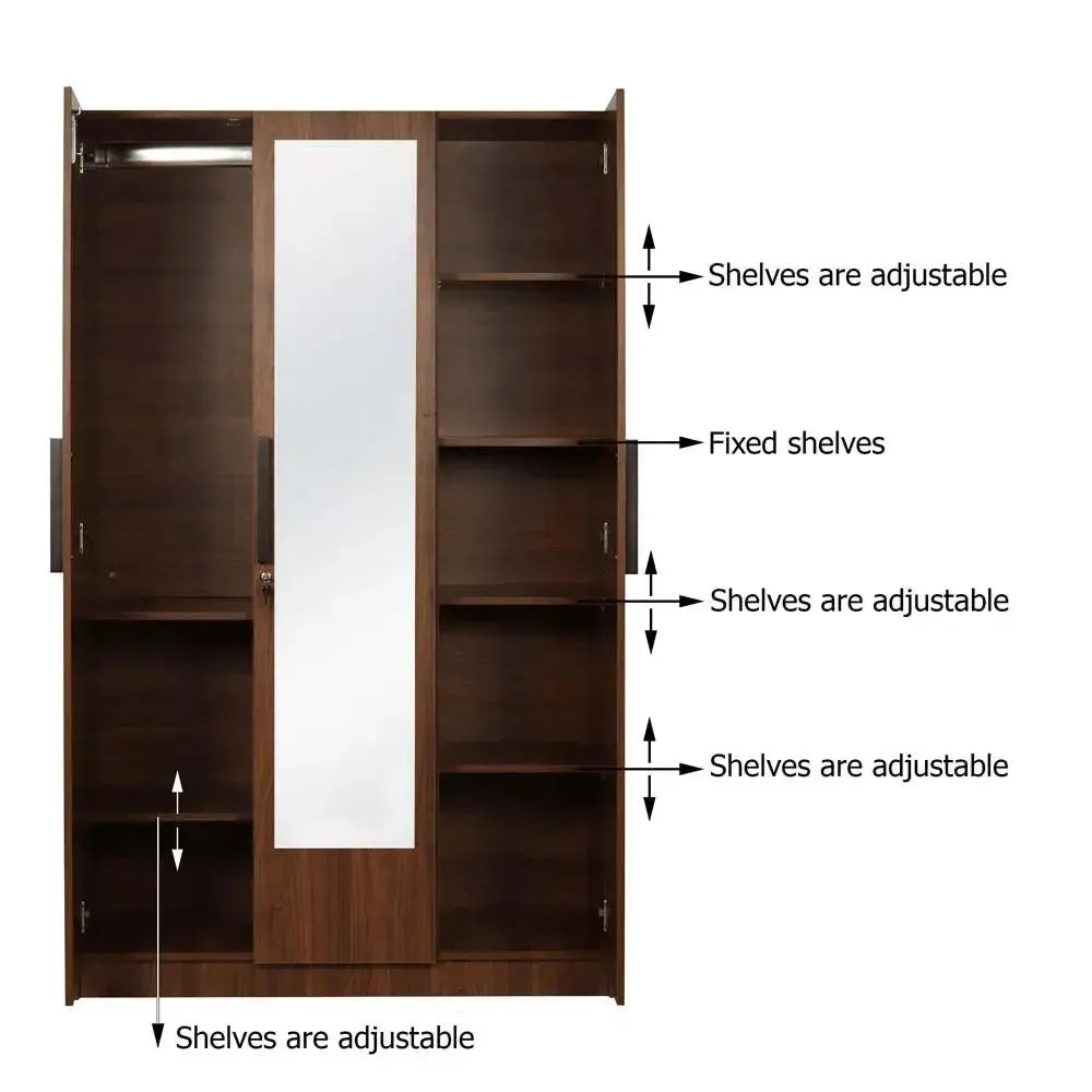 Teak Engineered Wood 3 Door Mirror Wardrobe