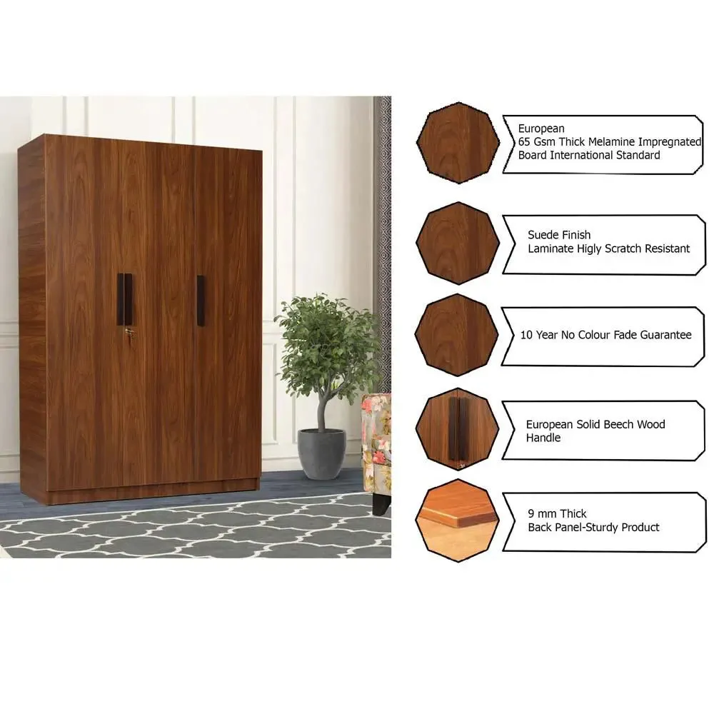 Teak Engineered Wood 3 Door Mirror Wardrobe
