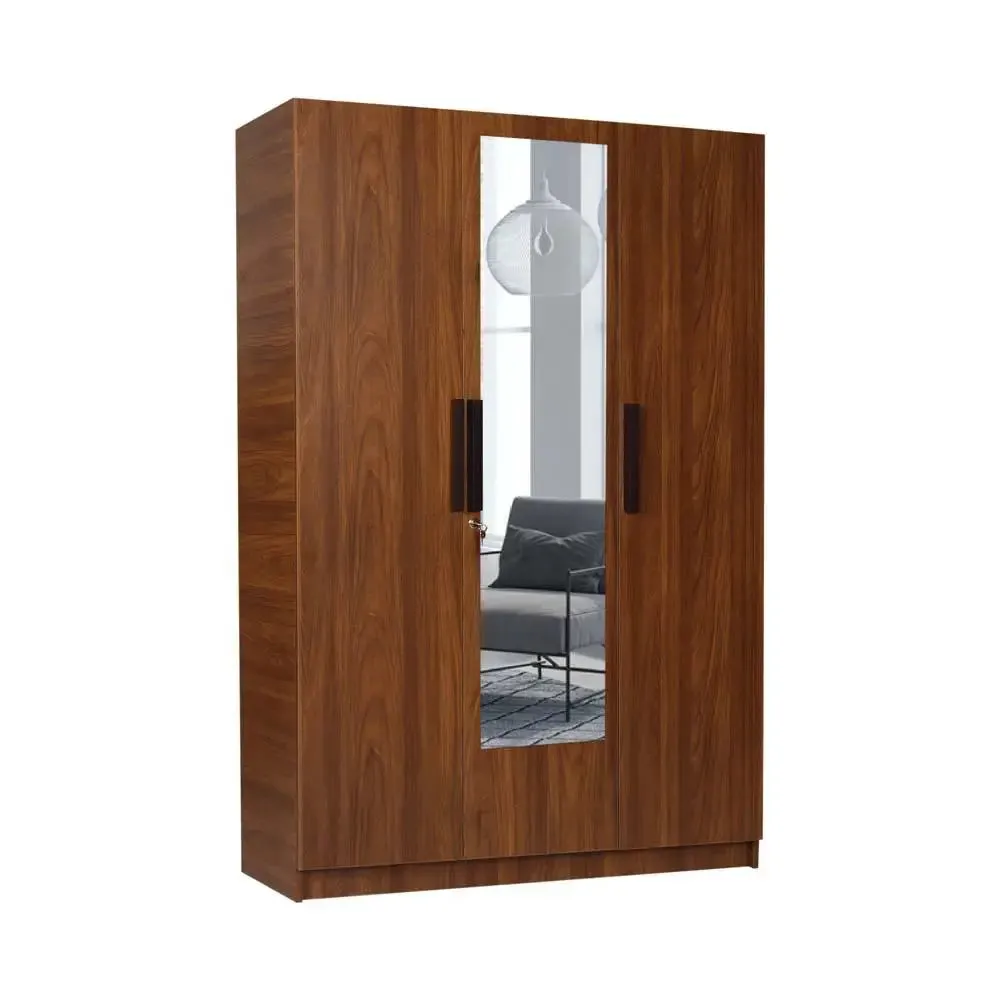 Teak Engineered Wood 3 Door Mirror Wardrobe