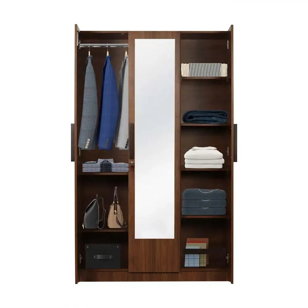 Teak Engineered Wood 3 Door Mirror Wardrobe
