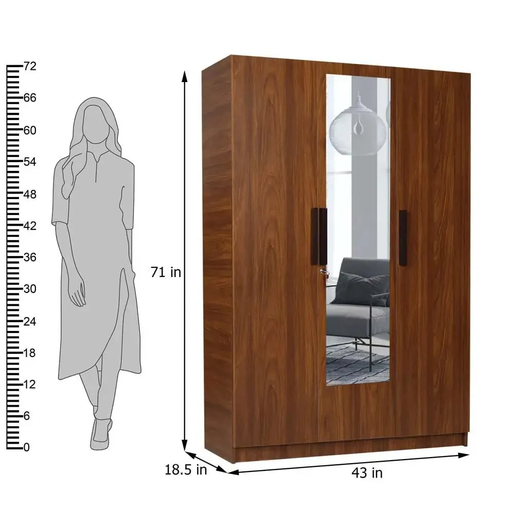 Teak Engineered Wood 3 Door Mirror Wardrobe