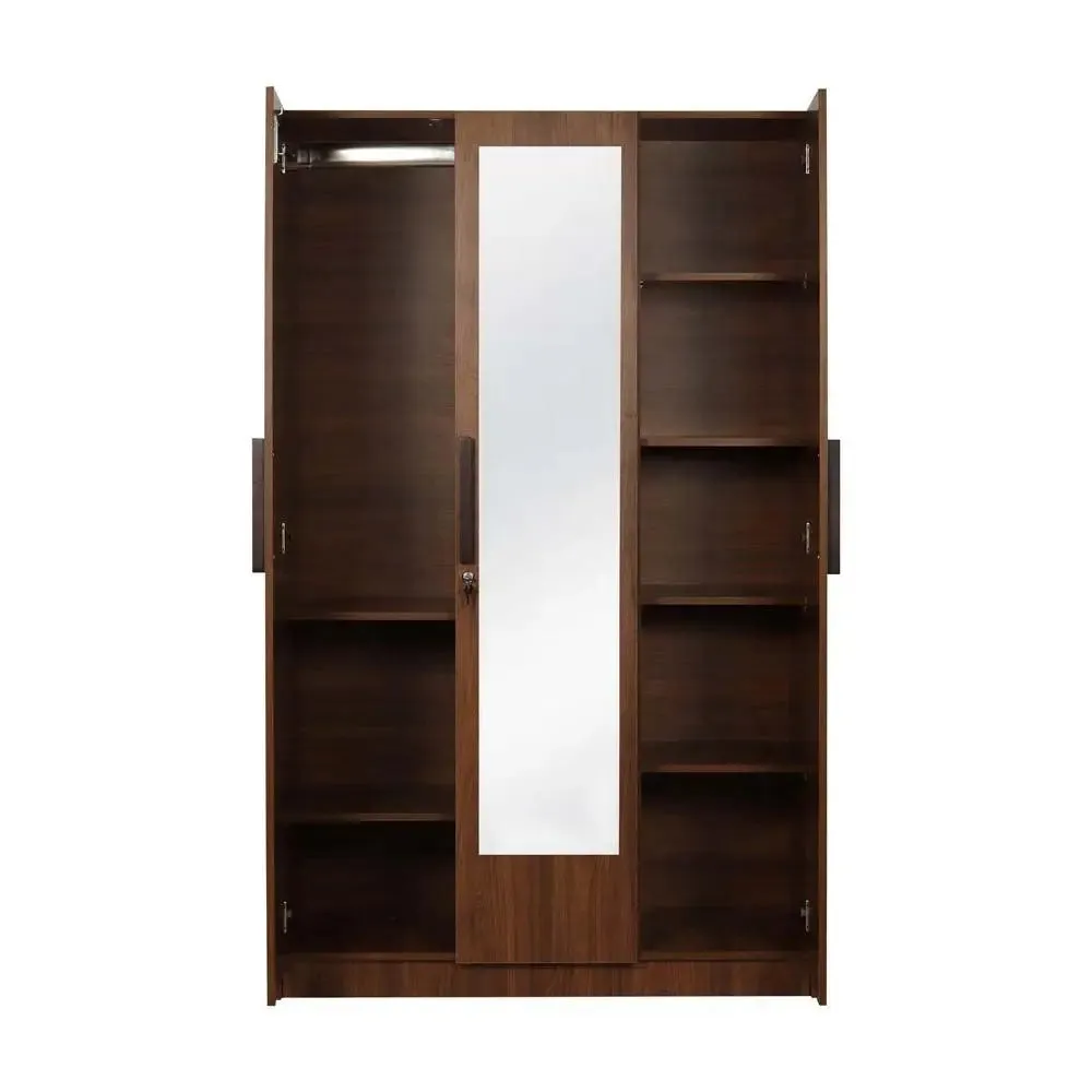 Teak Engineered Wood 3 Door Mirror Wardrobe