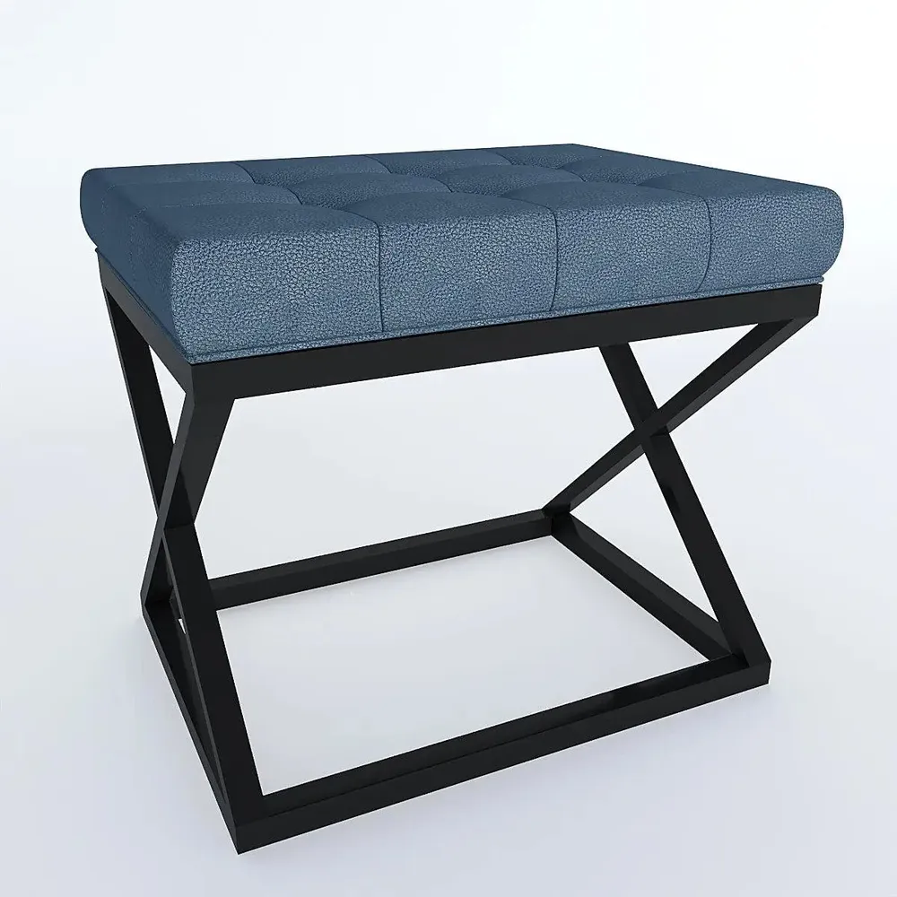 Teal Blue Leatherette Tufted Table with Cross Metal Stand