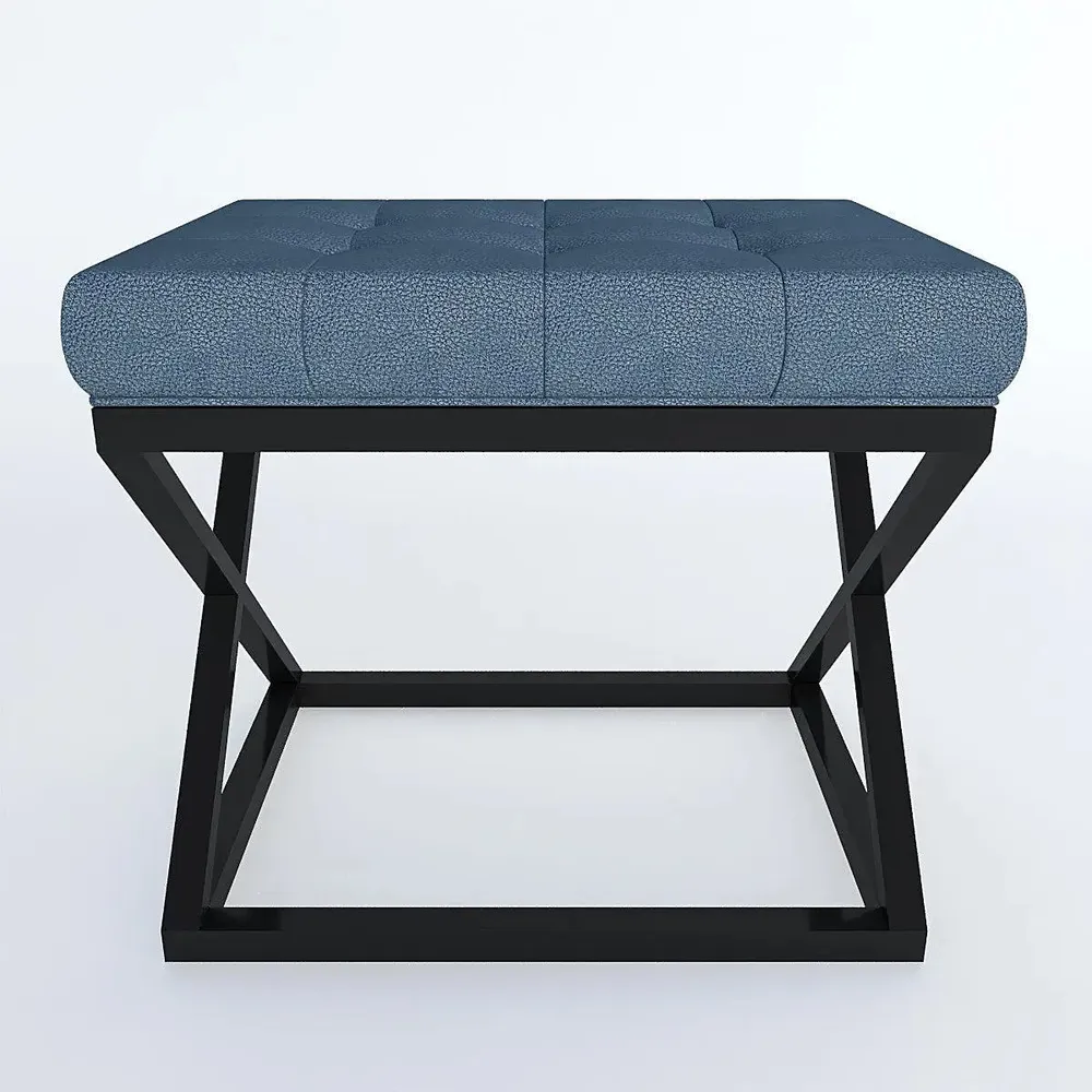 Teal Blue Leatherette Tufted Table with Cross Metal Stand