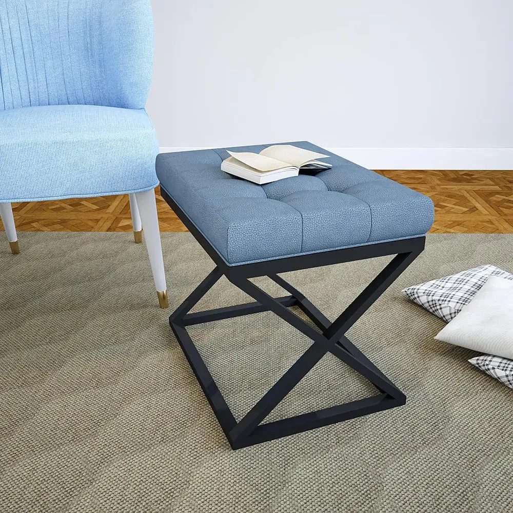 Teal Blue Leatherette Tufted Table with Cross Metal Stand