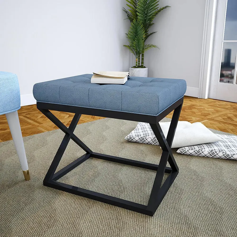 Teal Blue Leatherette Tufted Table with Cross Metal Stand