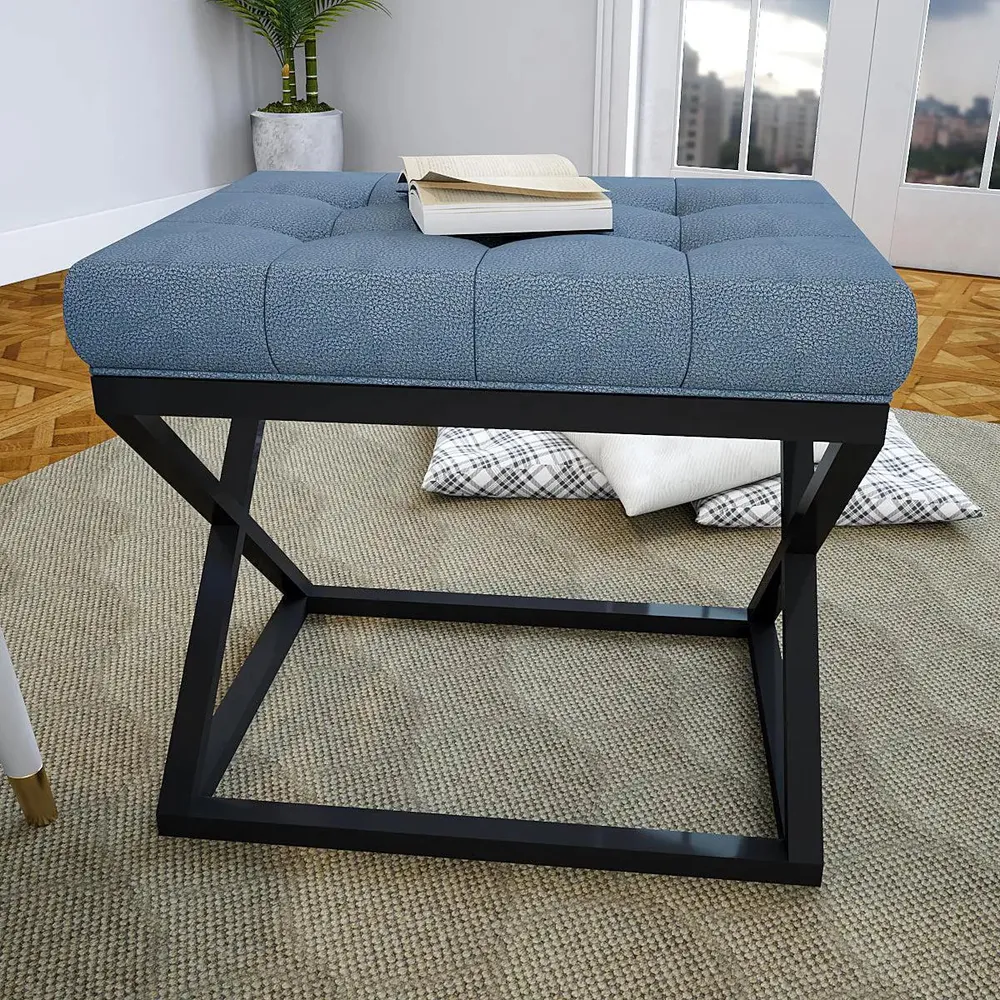 Teal Blue Leatherette Tufted Table with Cross Metal Stand