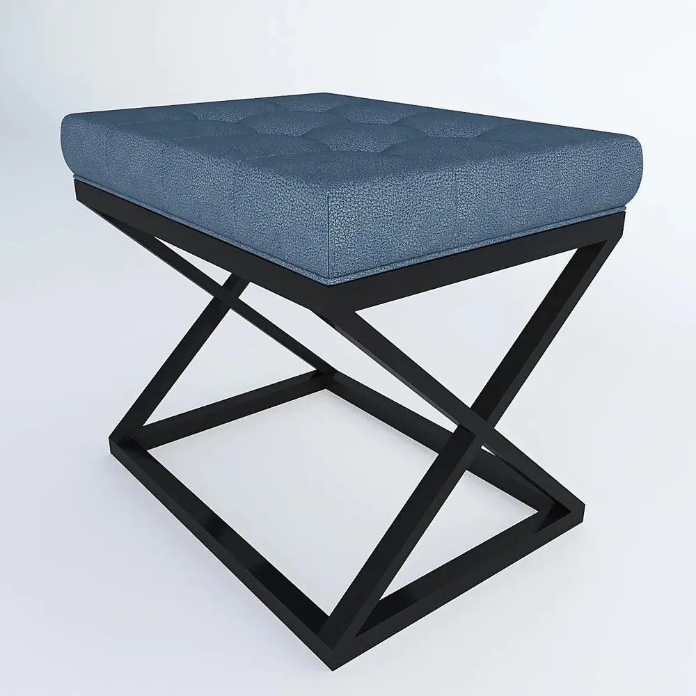 Teal Blue Leatherette Tufted Table with Cross Metal Stand