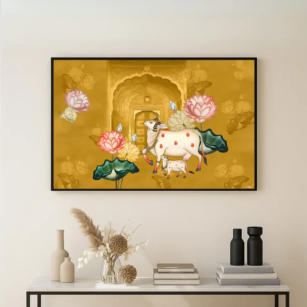 The Auspicious Cow and Calf Premium Canvas Wall Painting With Frame