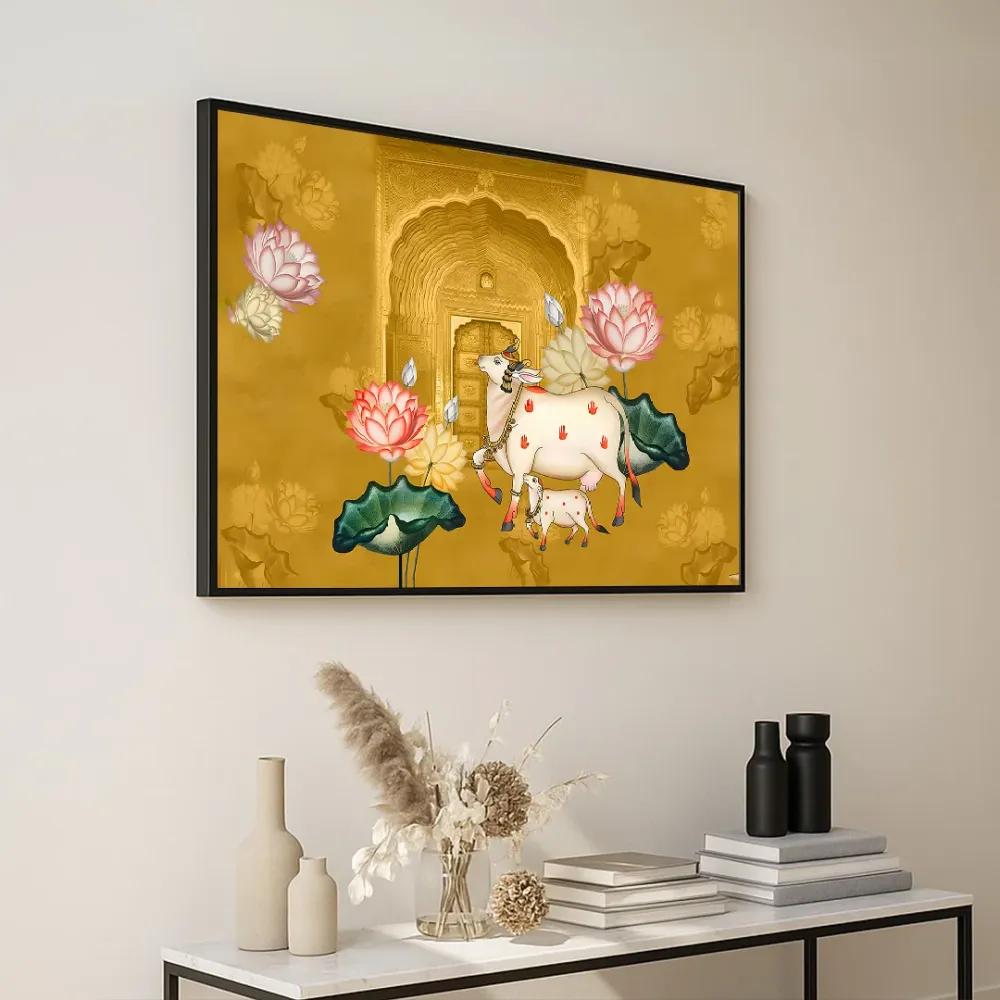 The Auspicious Cow and Calf Premium Canvas Wall Painting With Frame