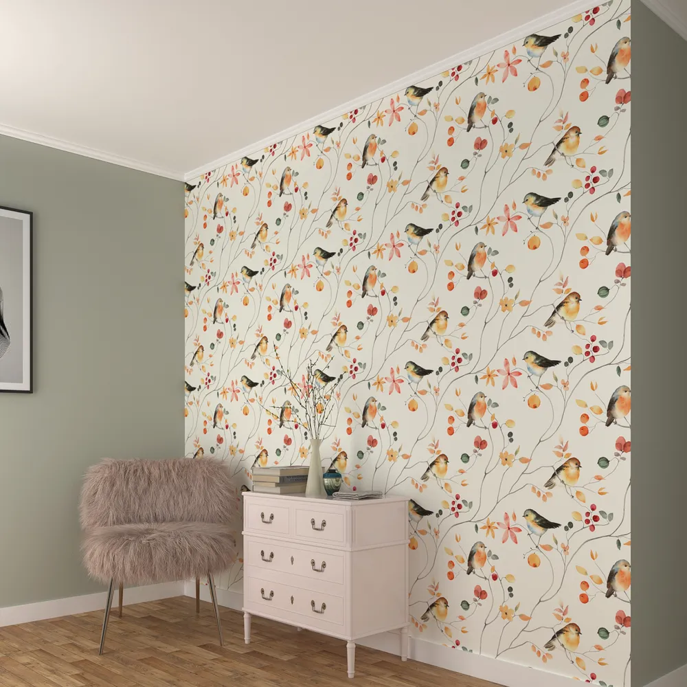 The Chirping Humming Birds In The Green Off White Premium Quality Wallpaper