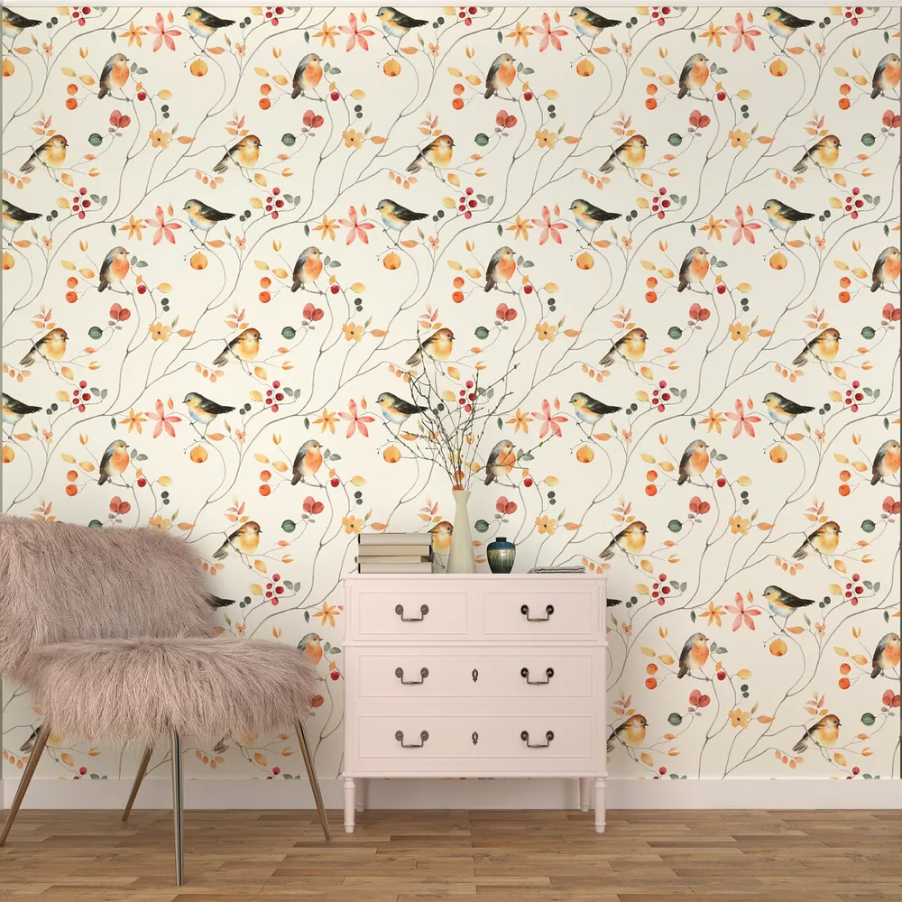 The Chirping Humming Birds In The Green Off White Premium Quality Wallpaper