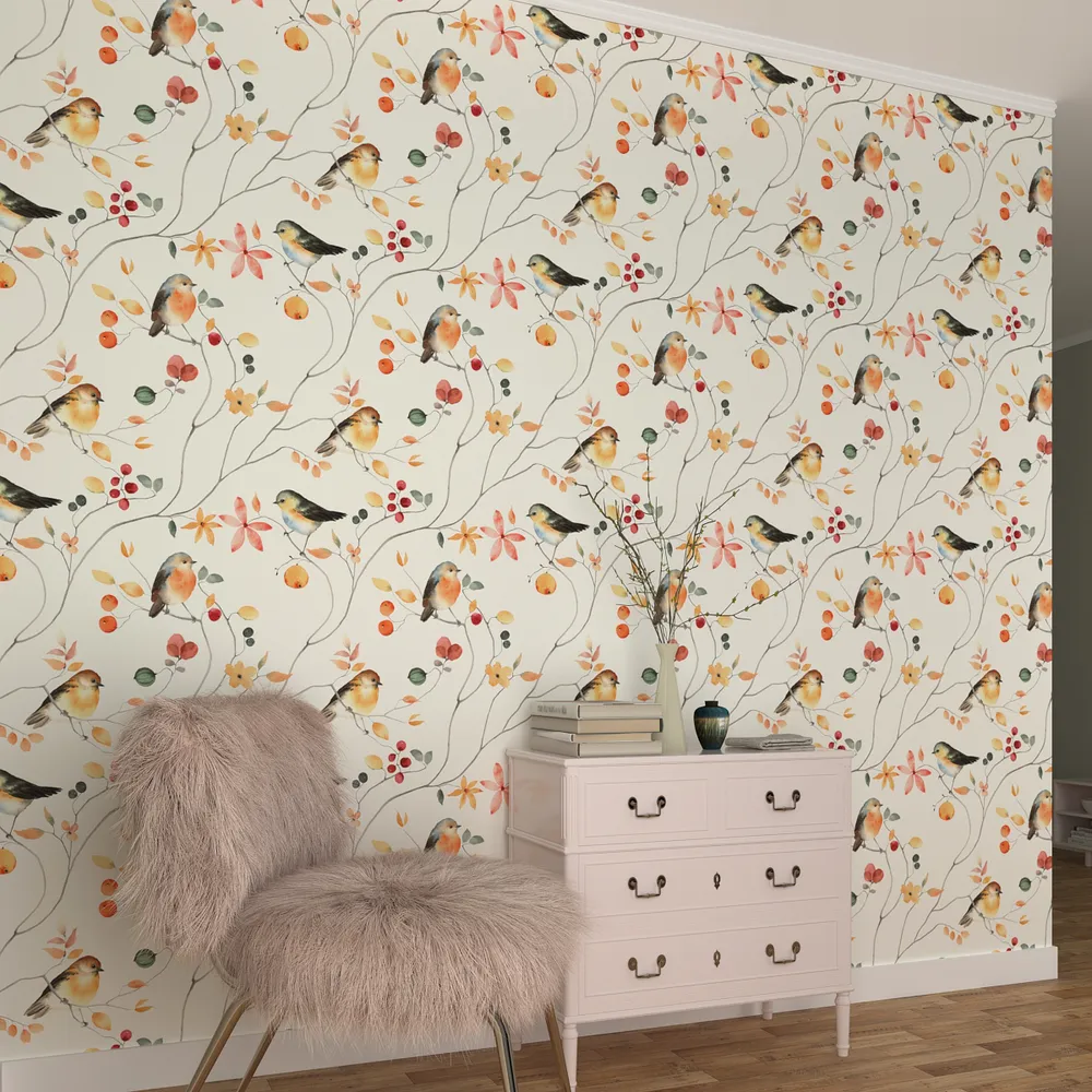 The Chirping Humming Birds In The Green Off White Premium Quality Wallpaper