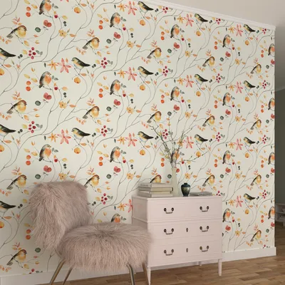 The Chirping Humming Birds In The Green Off White Premium Quality Wallpaper