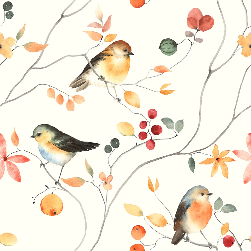 The Chirping Humming Birds In The Green Off White Premium Quality Wallpaper