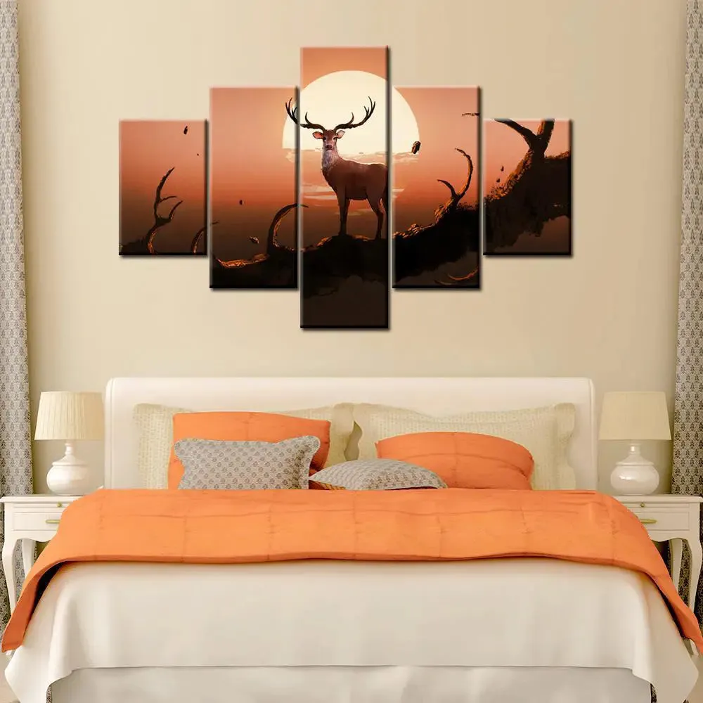 The Deer On A Tree At Sunset 5 Pieces Canvas Print Wall Painting