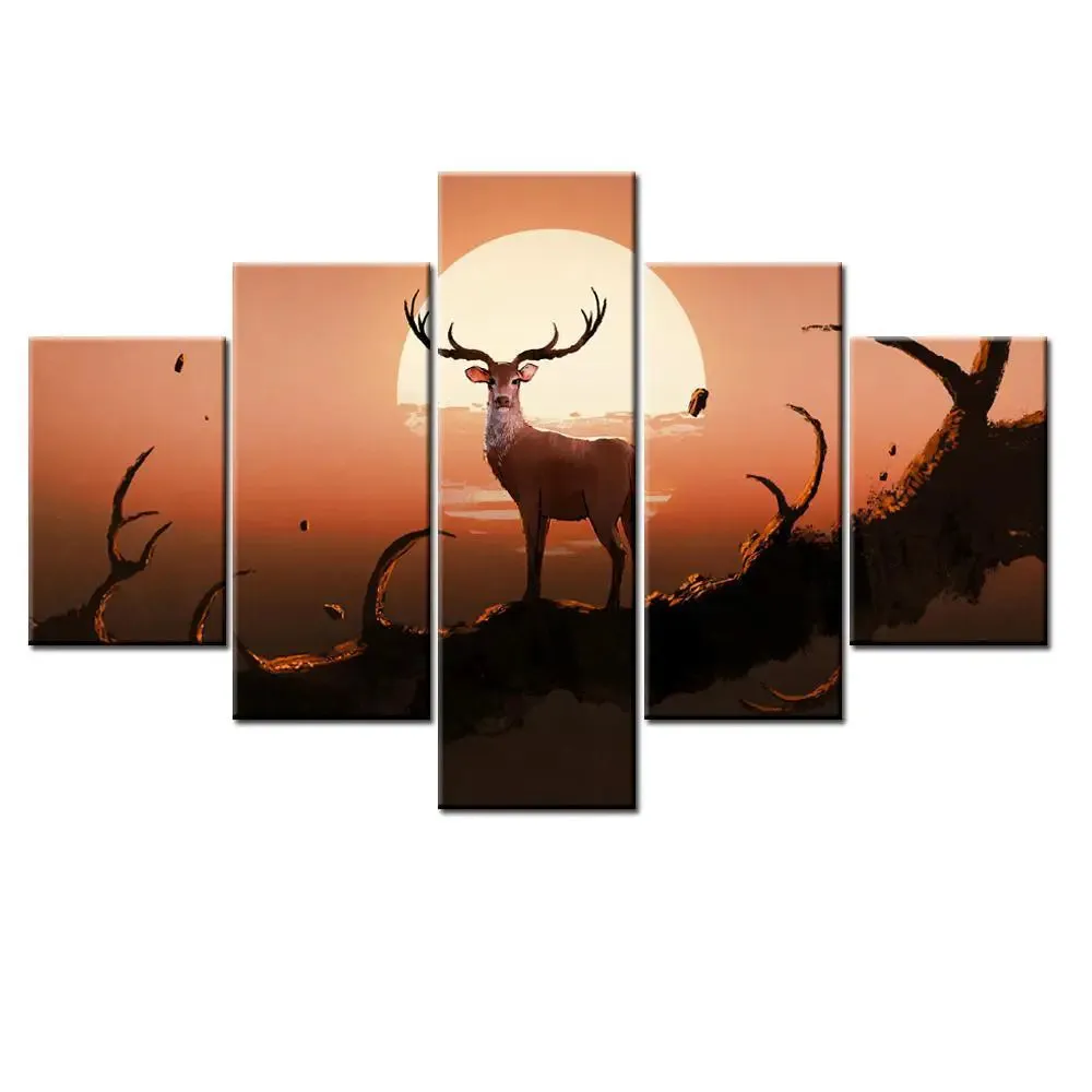 The Deer On A Tree At Sunset 5 Pieces Canvas Print Wall Painting