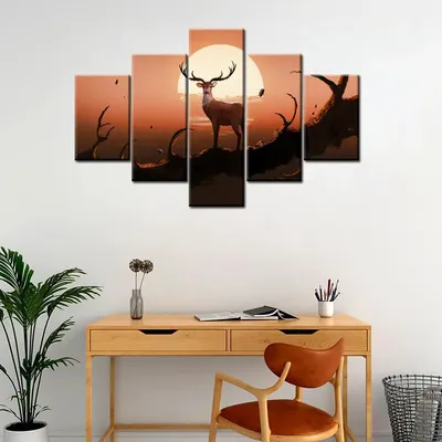 The Deer On A Tree At Sunset 5 Pieces Canvas Print Wall Painting