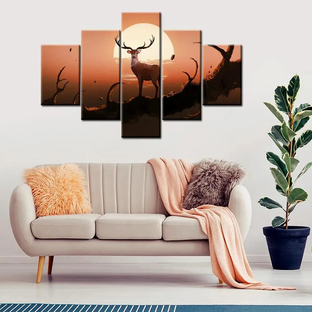 The Deer On A Tree At Sunset 5 Pieces Canvas Print Wall Painting