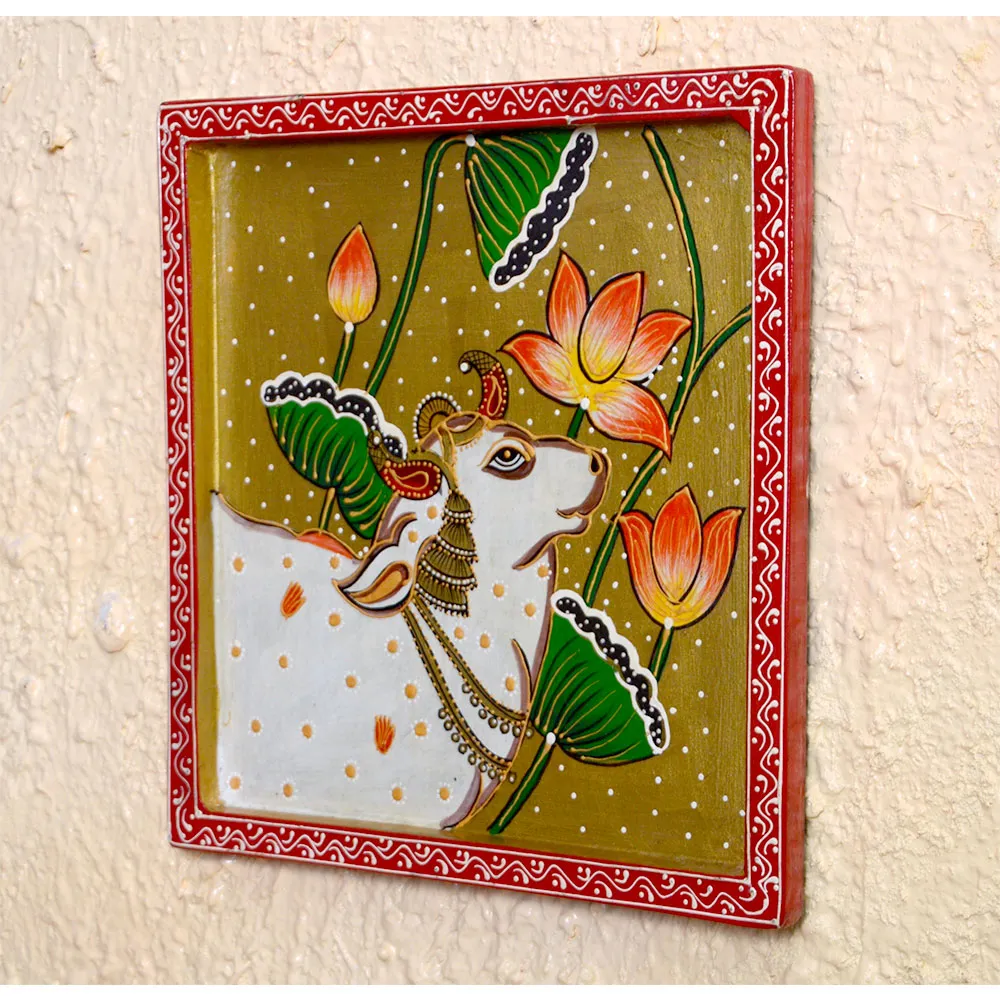 The Divine Kamdhenu Traditional Art Painted Wooden Wall Panel