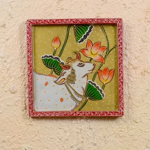 The Divine Kamdhenu Traditional Art Painted Wooden Wall Panel