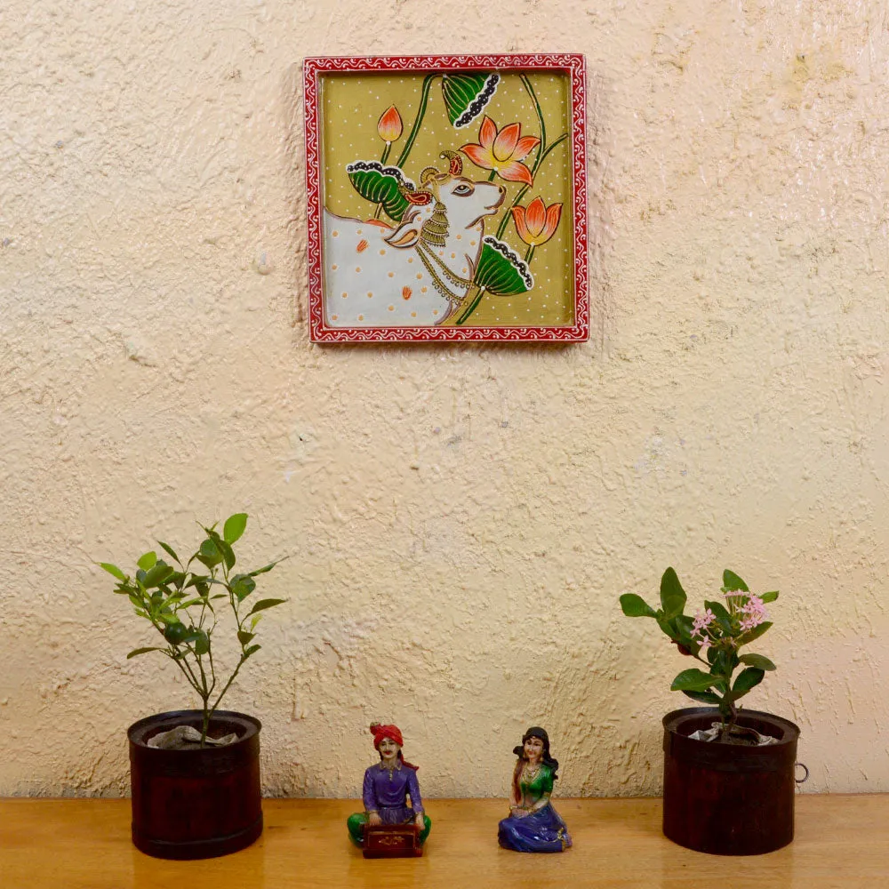 The Divine Kamdhenu Traditional Art Painted Wooden Wall Panel