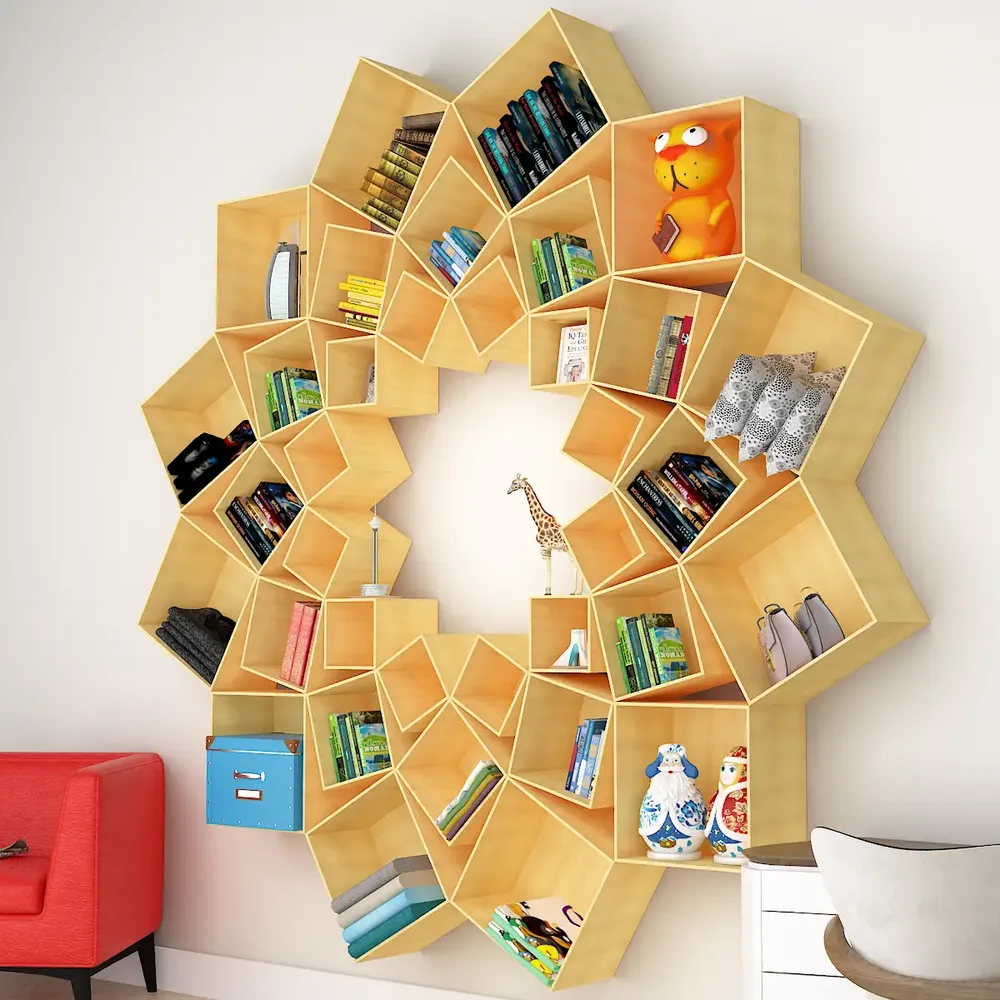 The Lotus Wood Wall Cabinet / Book Shelf, Light Oak Finish