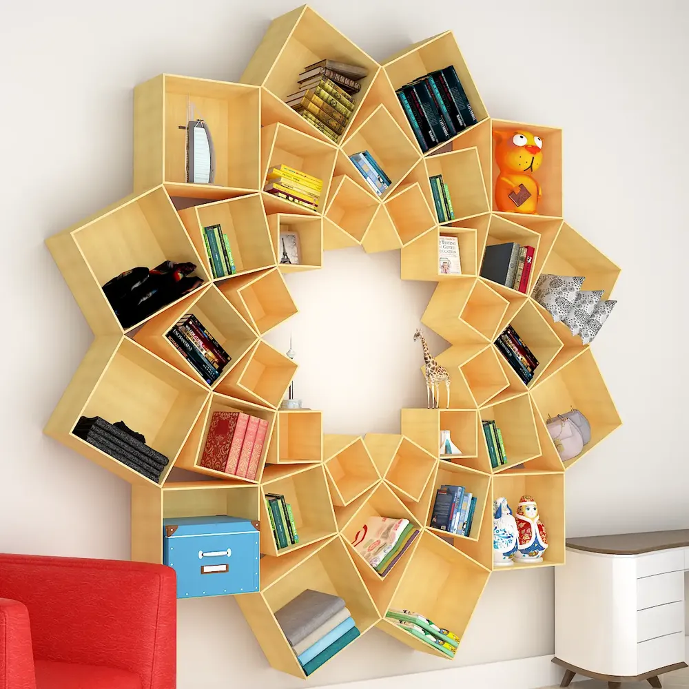 The Lotus Wood Wall Cabinet / Book Shelf, Light Oak Finish