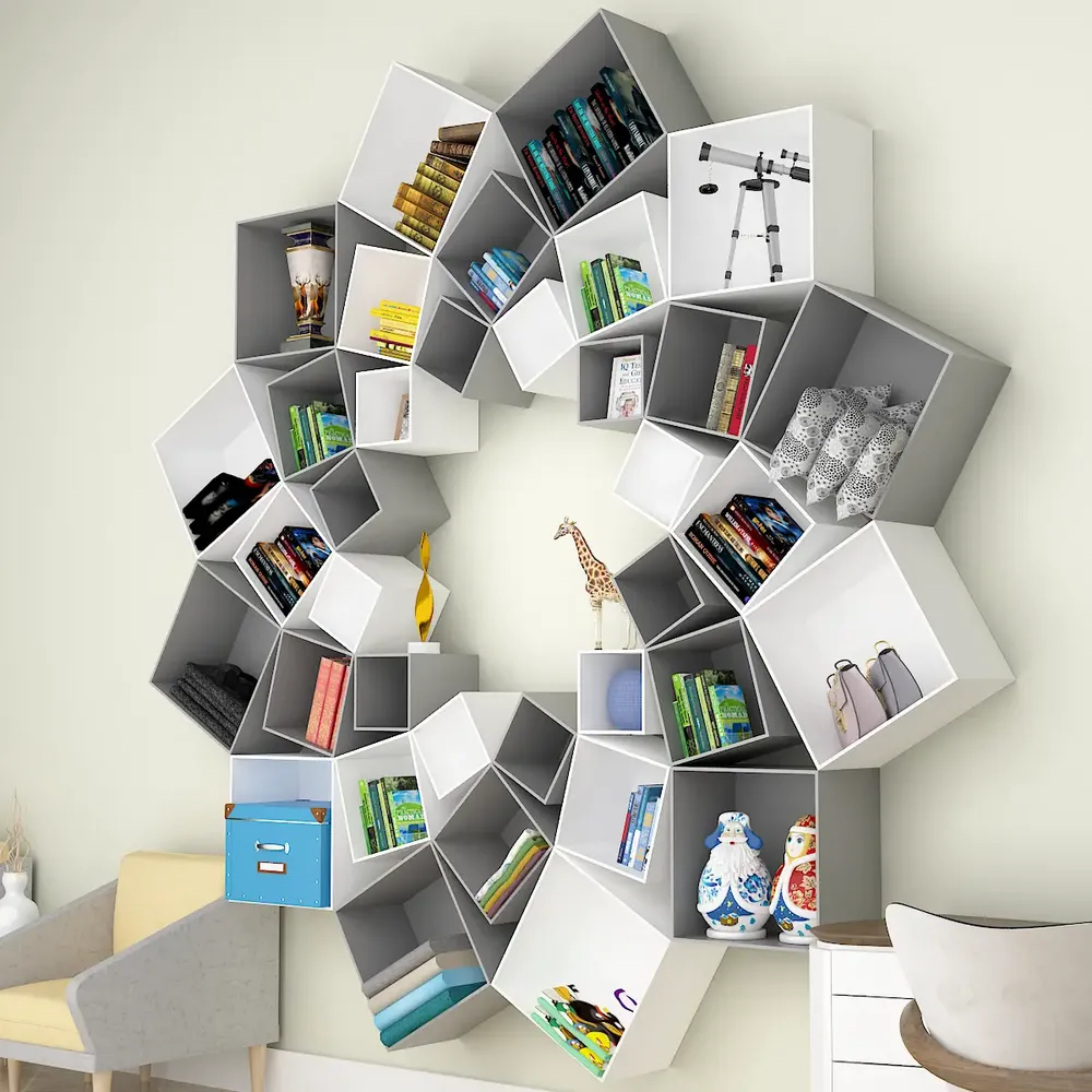 The Lotus Wood Wall Cabinet, Book Shelf, Open Wardrobe, White &amp; Grey Color