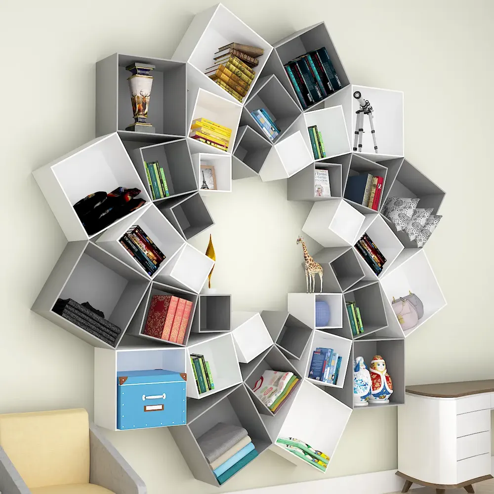 The Lotus Wood Wall Cabinet, Book Shelf, Open Wardrobe, White &amp; Grey Color