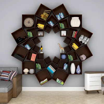 The Lotus Wood Wall Cabinet / Book Shelf, Walnut Finish