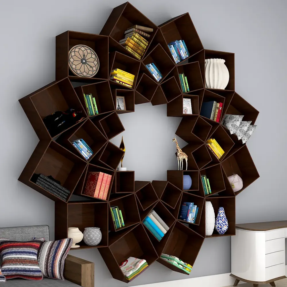 The Lotus Wood Wall Cabinet / Book Shelf, Walnut Finish