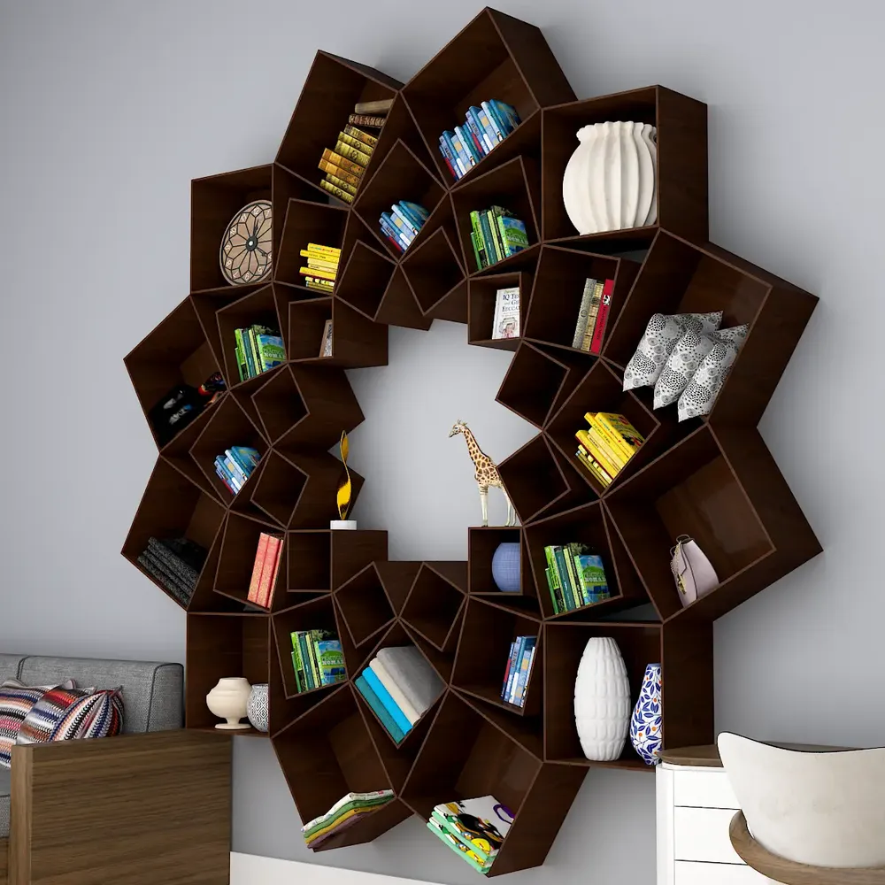The Lotus Wood Wall Cabinet / Book Shelf, Walnut Finish