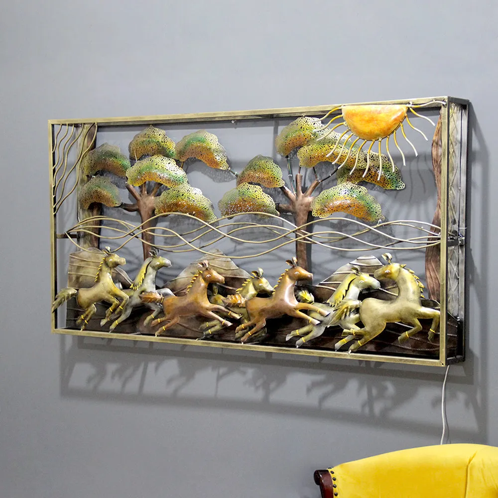The Seven Horses Landscape Metal Wall Art With LED Lights